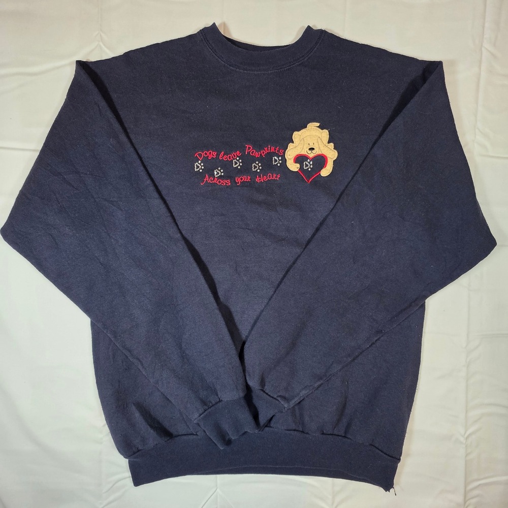 Vintage MC Sportswear Navy Blue Dog Pawprints Heart Sweatshirt Mens Medium